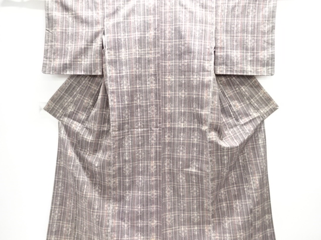 格子に花模様織り出し手織り紬着物